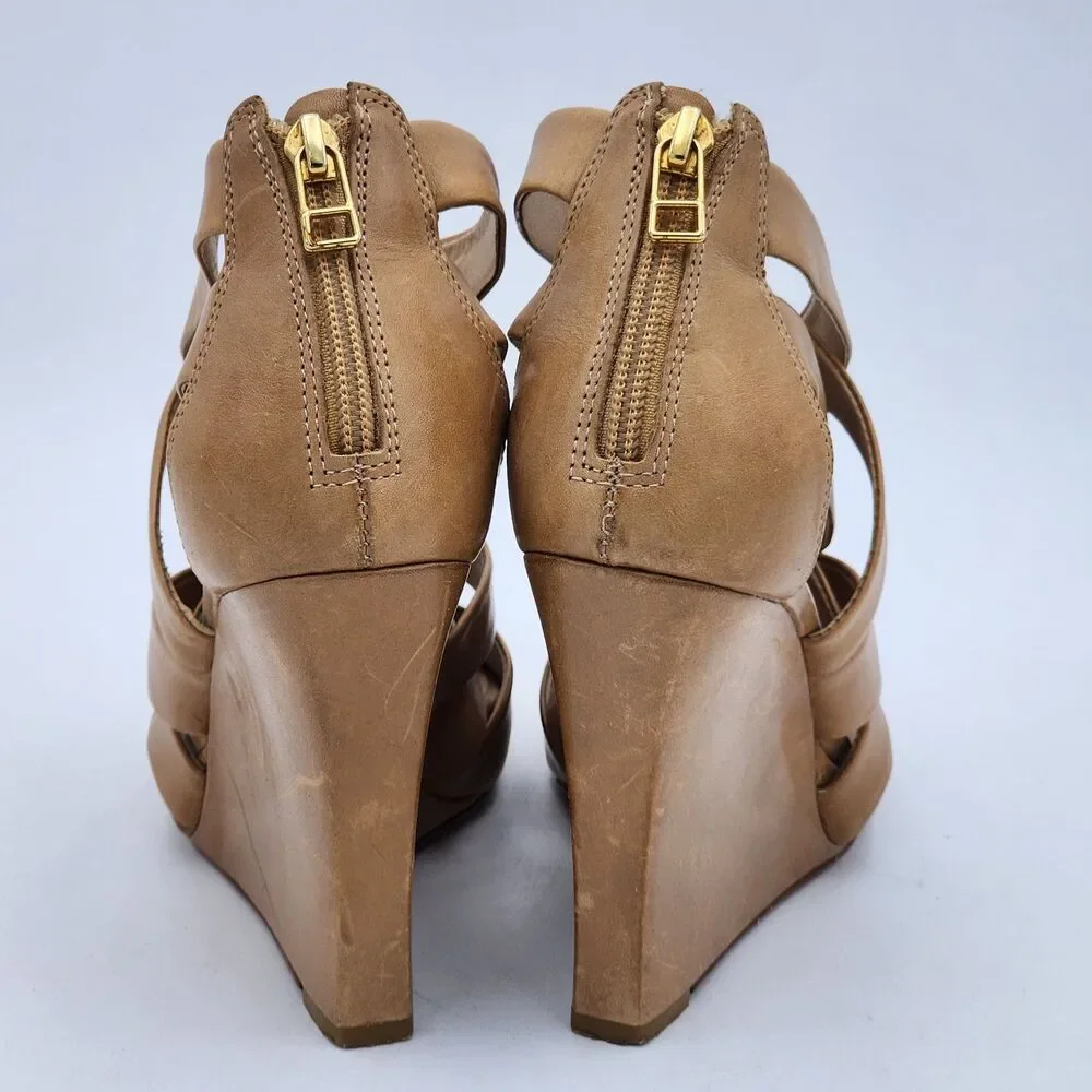 Pour La Victoire Strappy Leather Wedge Platform Heel Sandals Zipper Tan Size 7.5